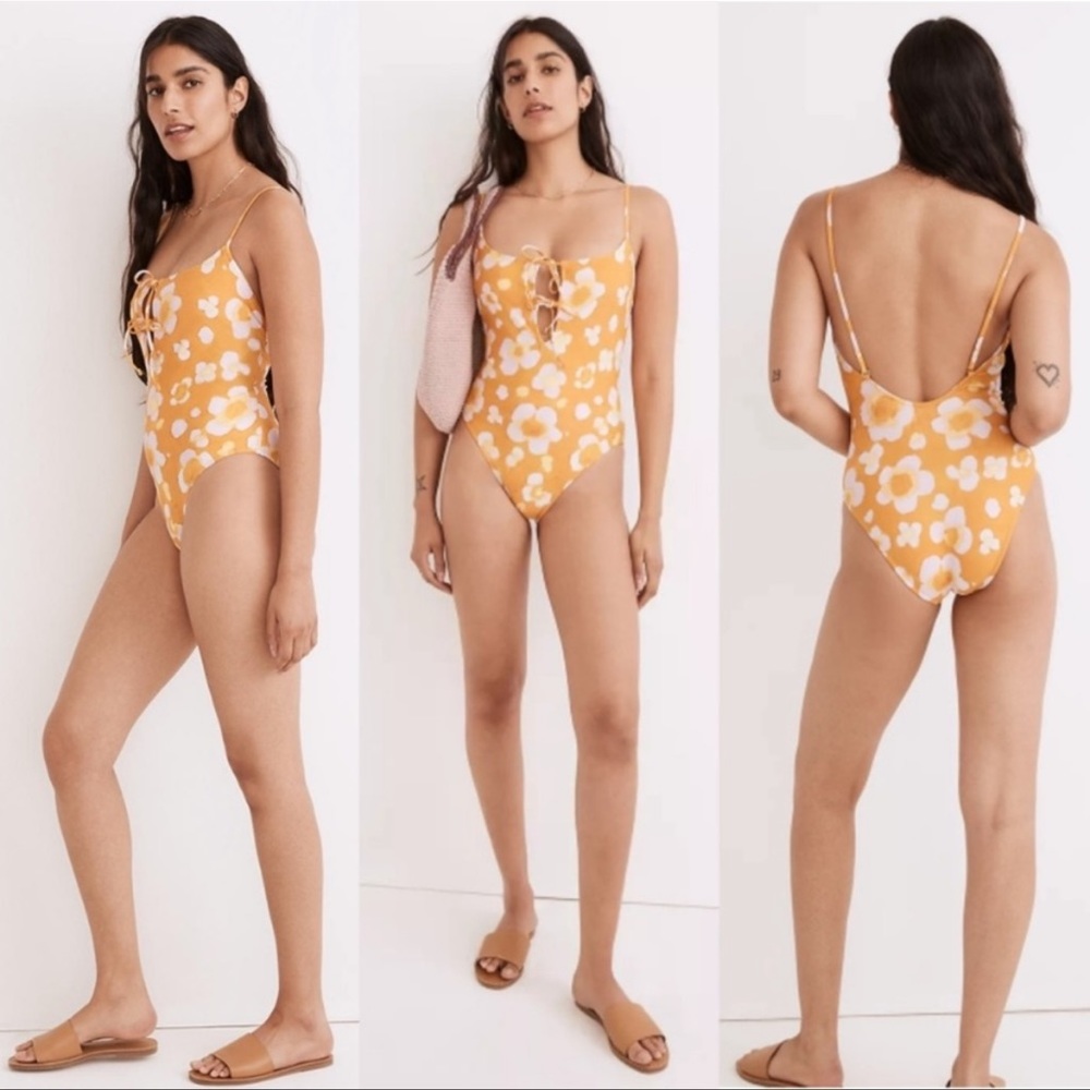 Madewell Second Wave Tie-Front One-Piece Swimsuit Watercolor Floral size L NWT